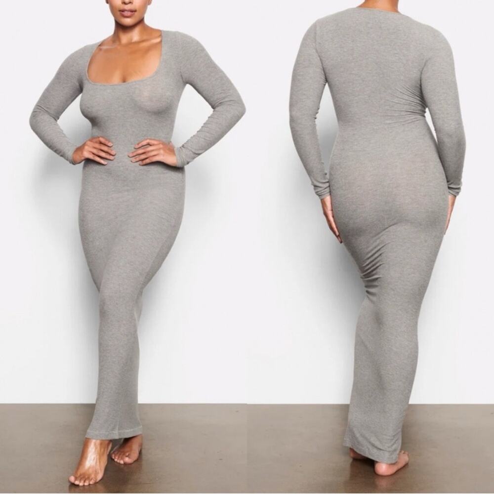Skims Soft Lounge Long Sleeve Grey Ribbed Maxi Dress 2XL